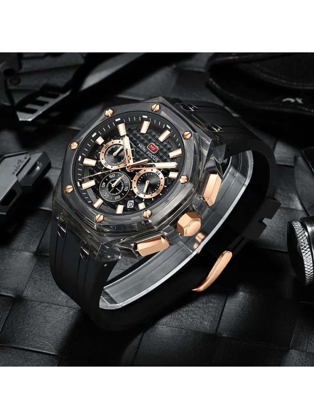 Men's Black Analog Quartz Unique Transparent Mutifunction Waterproof Wrist Watch
